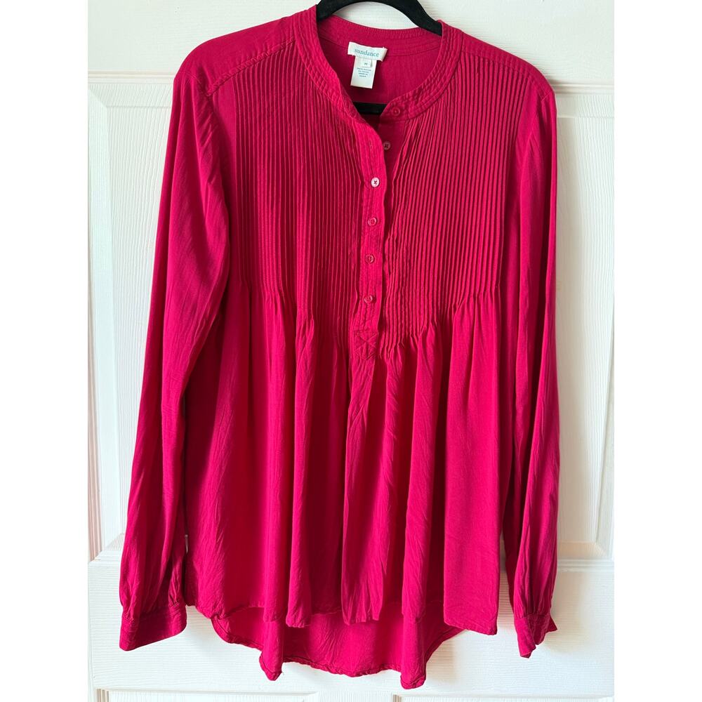 Sundance Pintuck Henley Blouse Hot Pink Poppy Rayon Boho Tunic Size M